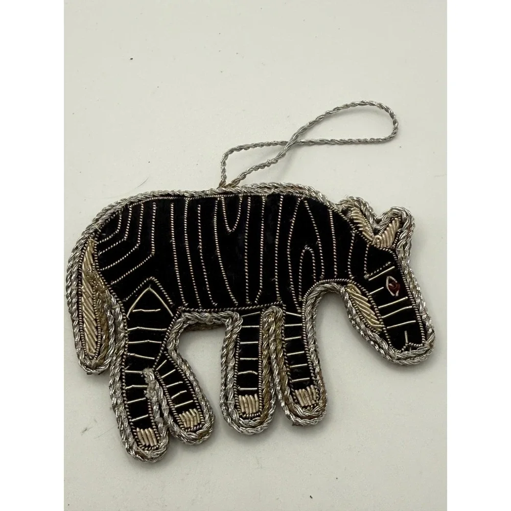 Handmade Zebra Ornament Set Carved Wood & Embroidered Metallic Fabric 2pc